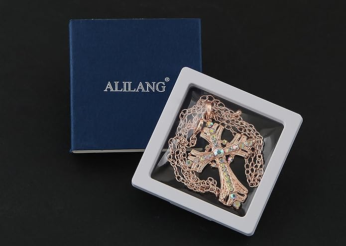 Alilang Silvery Tone Religious Cross Pendant Necklace w/Aquamarine Blue Or Clear Crystal Rhinestones