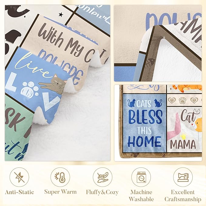 Cat Mom Gifts for Women Blanket, Cats Themed Lover Gift Blankets for Cat Lovers, for Mom, Crazy Cats Lady Gifts, 60"X80"