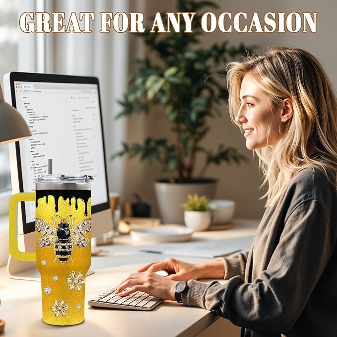 Bee Tumbler 40 Oz, Stainless Steel Insulated Mug with Glitter Accents, Empowering Bee Gifts for Women, Suitable for Nature Lovers, Feminine and Luxurious Gift for Her