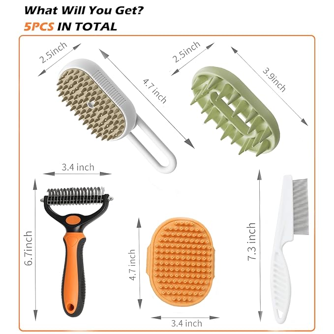 Cat & Dog Grooming Kit, Dog Hair Brush for Shedding - Includes Steam Brush, Undercoat Rake, Bath Brush, Flea Comb, Massage brush - Fur Dematting Tool