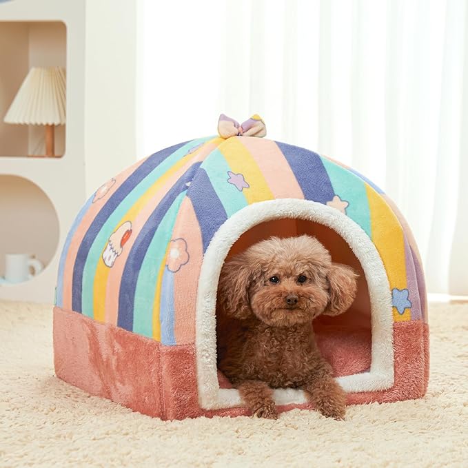 Jiupety Cat Beds for Indoor Cats, Cute Cat House for Cats and Puppy, Cat Cave Bed with Removable Cushion, Large Cat Bed Cat Hideaway Cat Tent, 2-in-1 Pink Cat Bed, L(19" × 19" × 19"), Rainbow.