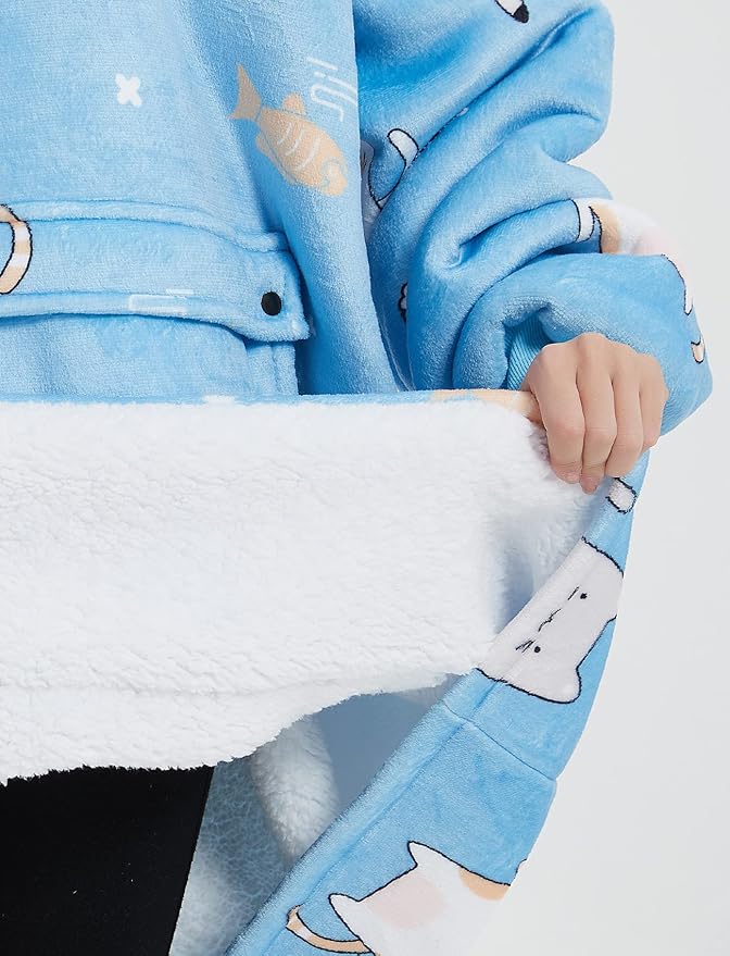 KFUBUO Wearable Blanket Hoodie for Adults Sherpa All Patterns Blue Cat Oversized Sweatshirt Blanket with Pockets Cute Gifts for Women