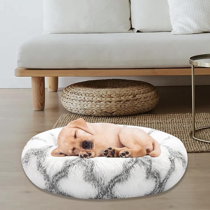 Dog Bed for Indoor, Faux Fur Calming Dog & Cat Bed 24' Anti-Anxiety Donut Soft Plush Cushion for Small Medium Dogs & Cats with Slip-Resistant Bottom (Grey+White)