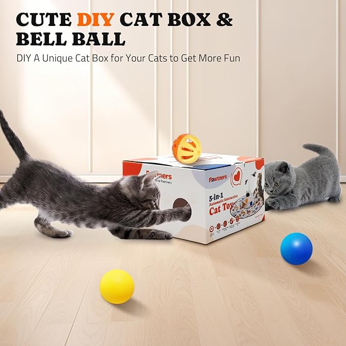 Pawtners Interactive Cat Toy: 5 in 1 Automatic Cat Toy for Indoor Cats, Rechargeable Hide and Seek Toy with PVC Cover, Battery Operated Kitten Laser Toy with Standard Accessories Pack