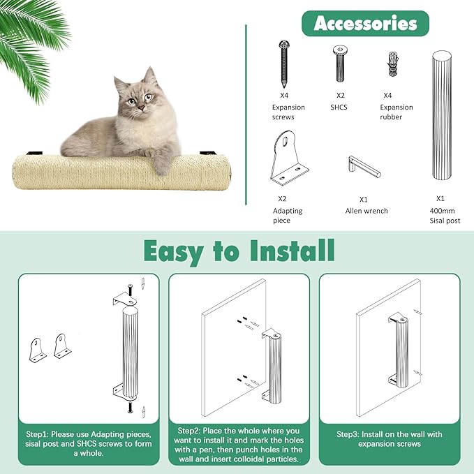 Wall Mounted Scratching Post for Cats 16 Inches Sisal Rope Cat Wall Scratcher Posts 2 Pack of Wall Mount Cat Furniture for Indoor Kittty to Scratch and Climbing with Feather Toys