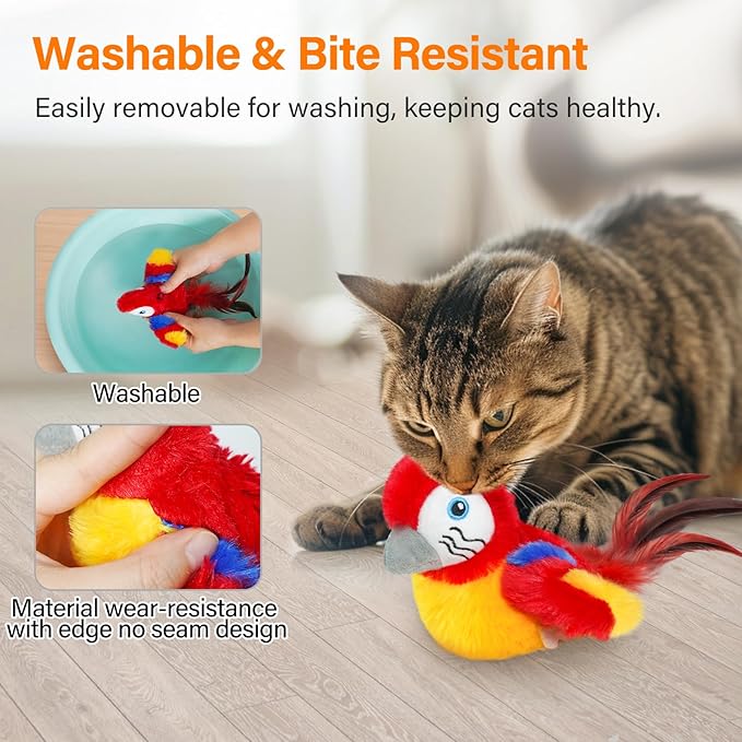 Cat Toys for Indoor Cats, Flapping Bird Cat Toy, Electric Simulated Chirping Bird Interactive Cat Toy with Flappy Wings, Rechargeable Touch Activated Cat Toys with Catnip and Feather - Red