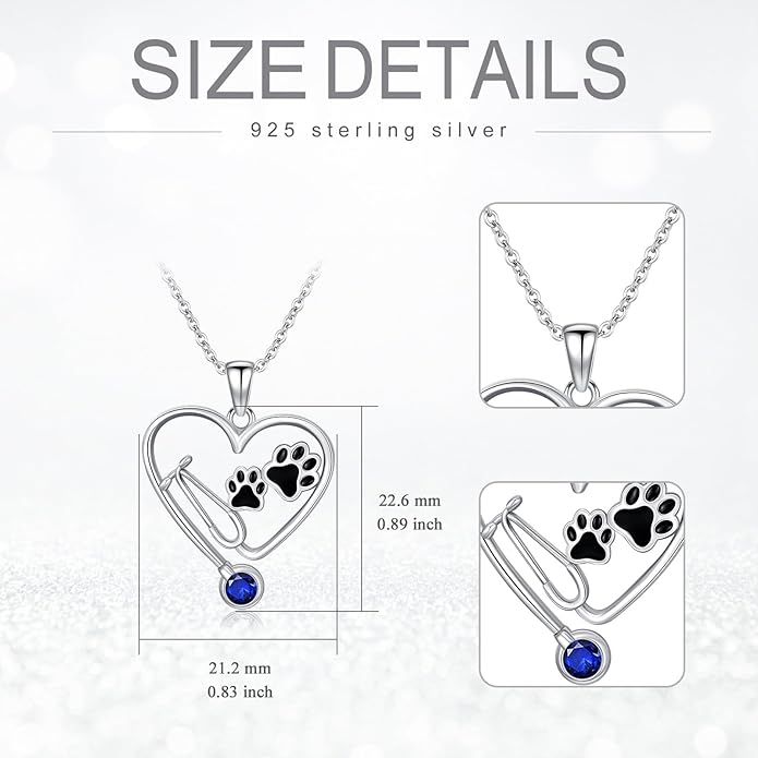 Birthstone Veterinary Stethoscope Necklace 925 Sterling Silver Nurse Vet Pendant with Dog Paw Nurse Jewelry Gifts for Veterinarian Nurse Women Veterinarian Gifts