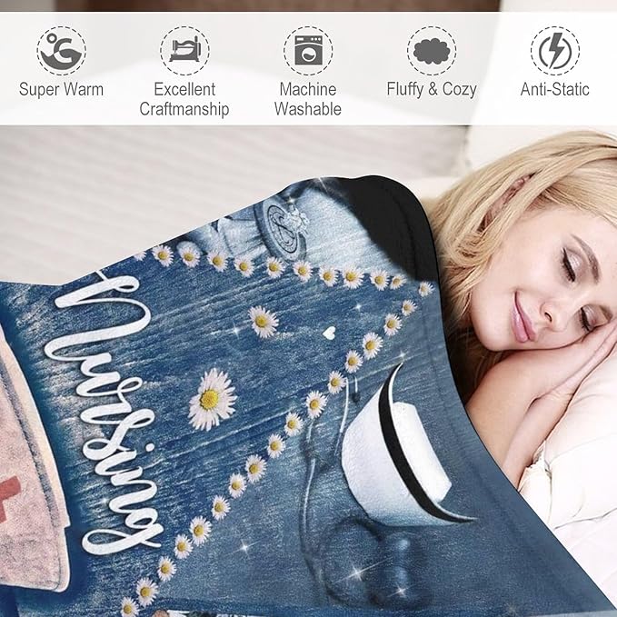 Nurse Daisy Blanket Nursing Hospital Throw Blankets for Couch Sofa Bed Stuff Decor Lightweight Soft Cozy Fleece Plush Warm Flannel Bedding Blanket Nurses Birthday Gifts for Girls Woman Adult 60"x80"