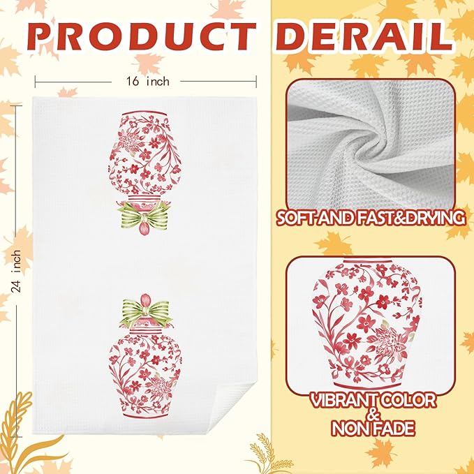 SPBL&L Chinoiserie Decor Kitchen Towels, Pink Chinoiserie Ginger Jar Vase Decorative Hand Towels for Bathroom, Grandmillenial Decor Dish Towels Tea Towels for Kitchen, 16x24 Inches