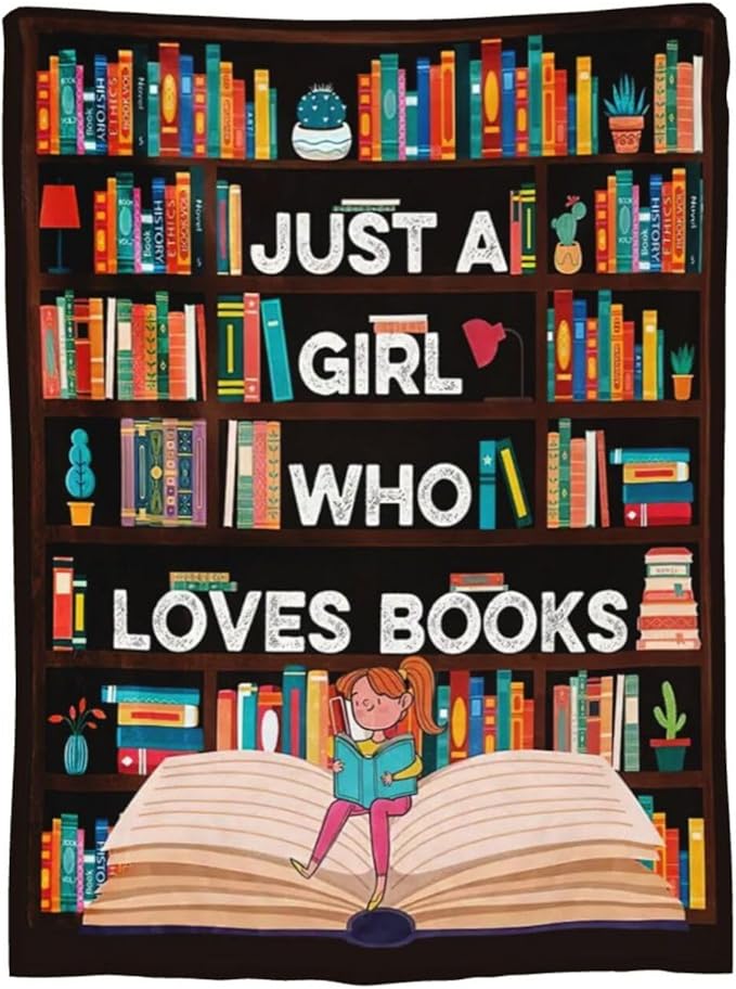 Books Blanket Reading Throw Blanket Just A Girls Who Loves Books Decor Stuff Merch Cozy Print Flannel Fleece Soft Plush Fuzzy Warm Lightweight Bedding Read Books Gifts for Women Kids 50"X40"