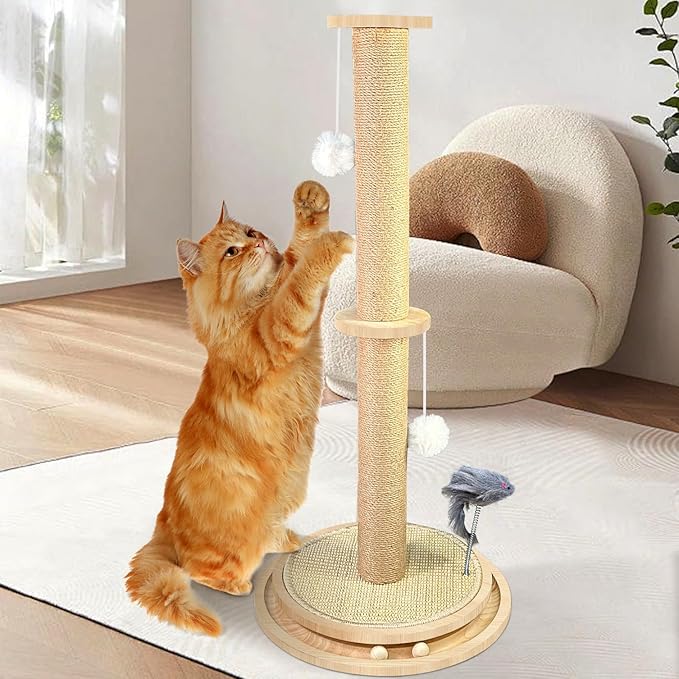 Cat Scratching Post Sisal Scratch Posts with Solid Wood Tracking Interactive Toys Vertical Scratcher,Spring Mouse and Scratch Board Interactive cat Toys for Indoor Cats and Kittens-