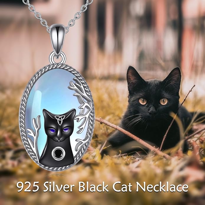 Black Cat Necklace Moonstone Sterling Silver Cats Moon Necklace Gothic Witch Black Cat Jewelry Gifts for Cat Lovers Women