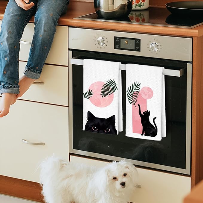 Boho Black Cat Kitchen Towels Set of 4, Pink and Black Cat Hand Towels for Bathroom, Boho Botanical Cat Dish Towels, Black and Pink Bathroom Decor, Cat Kitchen Decor, 16x24 Inch