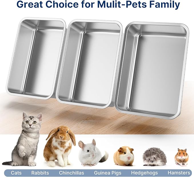 3PK 17.7" x 13.8" x 6" Stainless Steel Litter Box, High Sides Metal Cat Litter Box for Multi-Cats, Easy Clean & Odor Control Kitten Litter Box with Footboard, Bunny Litter Box Litter Pan