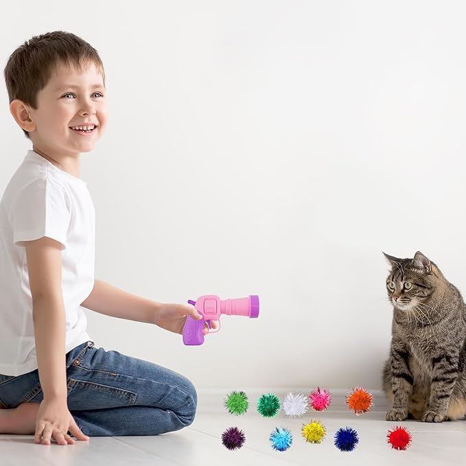 Dorhui Cat Toy Balls with Launchers Set, 30 Pcs Sparkle Pom Pom Balls for Cat,Cat Enrichment Toys,cat Toys for Indoor Cats, Interactive Glitter Pom Pom Balls for Kitty Gifts
