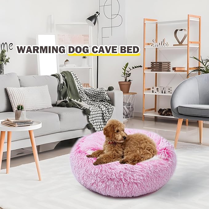 Cat Bed Calming Cat Beds,Indoor Washable Cat Bed,Anti-Slip Faux Fur Fluffy Cuddler Anxiety Cat Bed,Warming Cuddler Cushion Bed for Small Medium Dogs and Cats (Gradient Pink, 20 * 20inch)