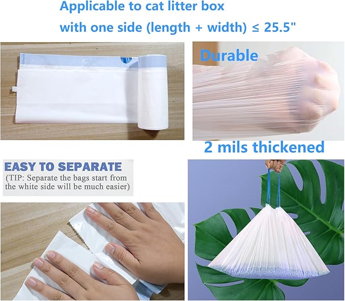20 Count Cat Drawstring Litter Box Liners 26.6x16.7 inches 2Mils Super Thick White Cat Litter Waste Bags Poop Bags for Self-Cleaning Litter Box Cat Litter Pan Trays (Green Drawstring 20 count)