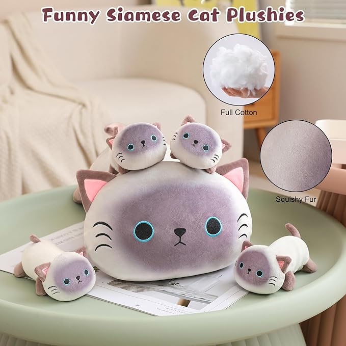 Siamese Cat Plush Cute Siamese Cat Stuffed Animal Pillow with 4 Baby Plushies in Her Tummy, Soft Cotton Stuffed Animals Toy Gifts for Kids