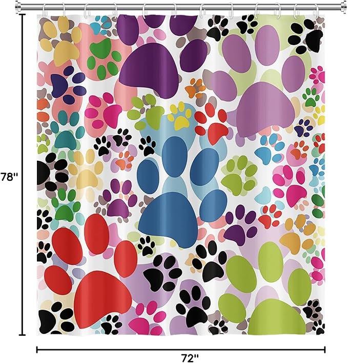 72x78inch Colorful Cartoon Dog and Cat Pawprints Kids' Shower Curtain Cute Animal Lovely Pet Puppy Cat Claw Prints Bath Curtain for Children Baby Bathroom Decor Fabric Polyester with Hooks
