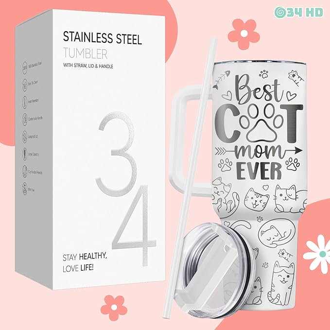 34HD Funny Cat Mom Tumbler with Handle and Straw, 40oz Double Wall Vacuum Insulated Kitty Mug, Pet Owner Gifts for Women, Cat Mom Gifts for Birthday Mothers Day Halloween Christmas