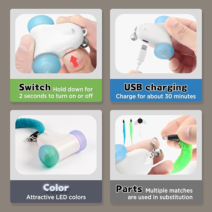 Smart Moving Electric Cat Toys for Indoor Cats, 2-Speed Cat Mouse Toy with LED Wheels, USB Rechargeable,Relieve Lack of Exercise for Cats Kittens, with 3 Toy Pendants
