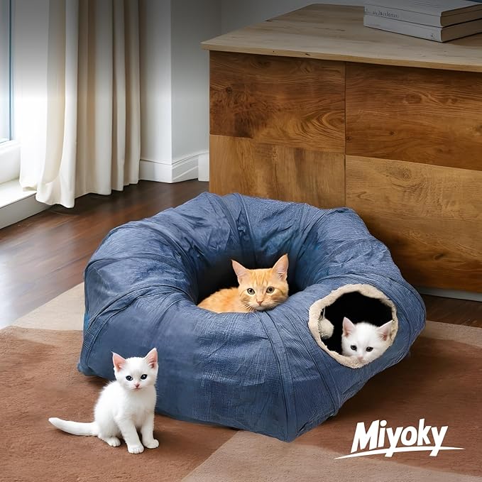 Cat Tunnel 3 Ways Play Tunnel, Durable Cationic Fabric Collapsible Breathable Cat Hideout with Rest Mat, All Season O S C Shape Cat Play Tunnel Toys for Indoor Small Medium Large Cats (Blue)