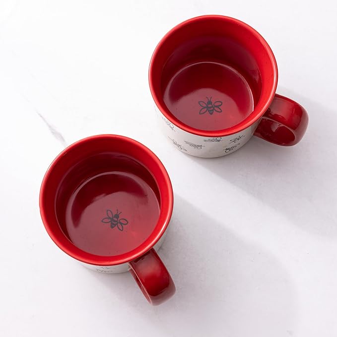 AmorArc 22 OZ Large Ceramic Coffee Mugs, Oversized Soup Cups With Big Handle for Men Women Dad Mom, Big Mug With Textured Bees Patterns for Office & Home -Microwave Safe, 2 Pcs-Red