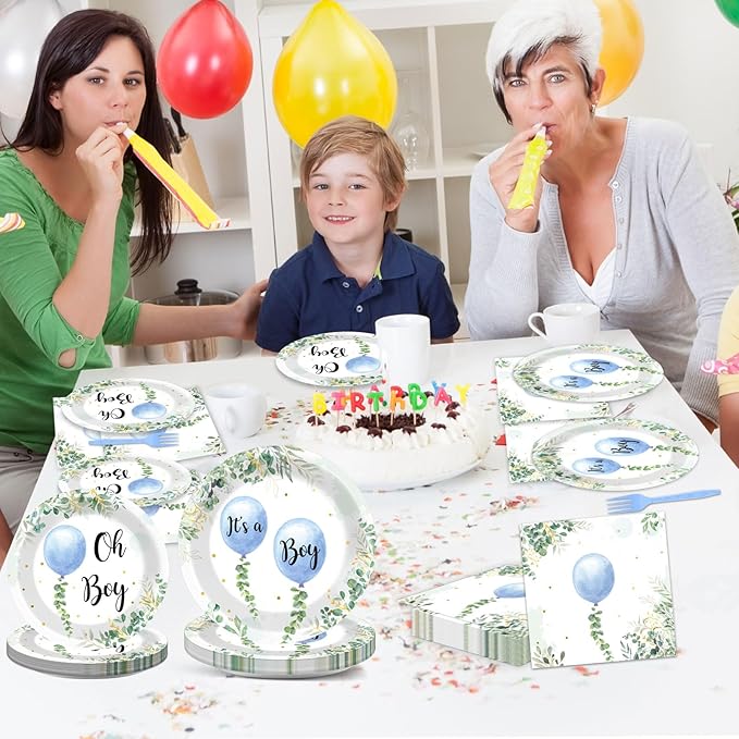 96 Pcs Oh Boy Watercolor Blue Balloon Party Supplies Greenery Boy Baby Shower Tableware Set Eucalyptus Party Favor Birthday Baby Shower Plates and Napkins Table Decorations for 24 Guests