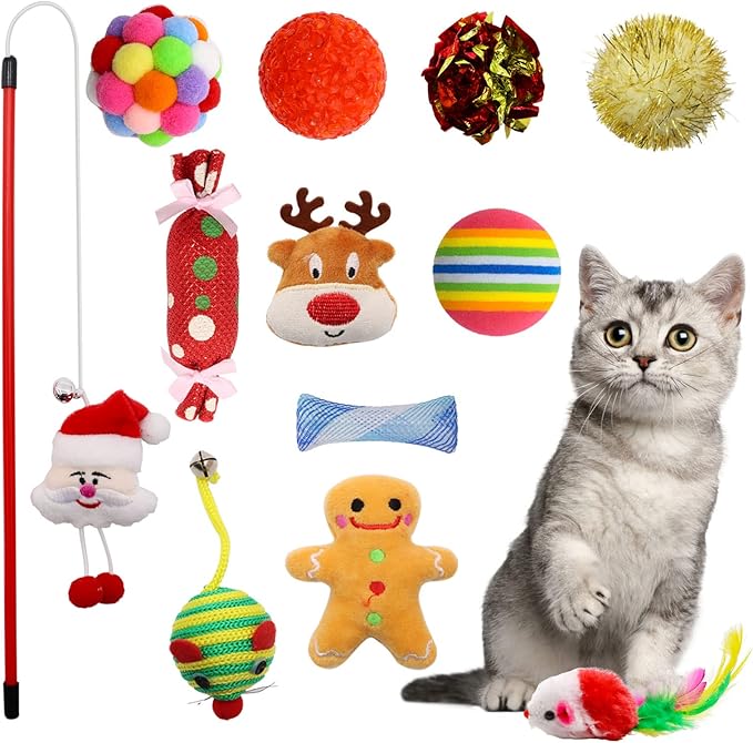Christmas Stocking Cat Toys, 12PCS Xmas Cat Toy Set with Mouse, Squeaky Toys, Balls, Cat Teaser, Indoor Interactive Cat Gift