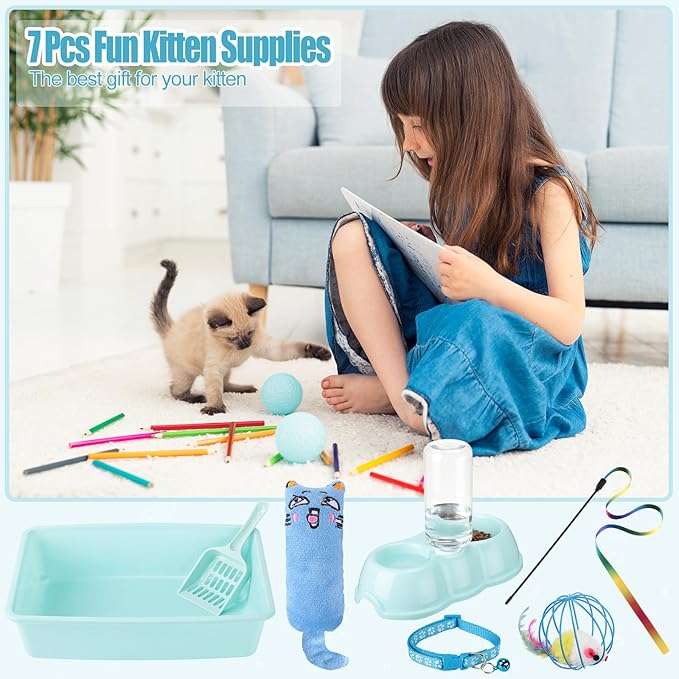 7 Pcs Small Cat Kitten Starter Kit Cat Litter Box with Shovel Cat Paw Litter Mat Double Automatic Cat Bowls Cat Toy Teaser Stick Cat Collar Essentials Kits for 1-3 Lbs Beginner (Blue,Simple)
