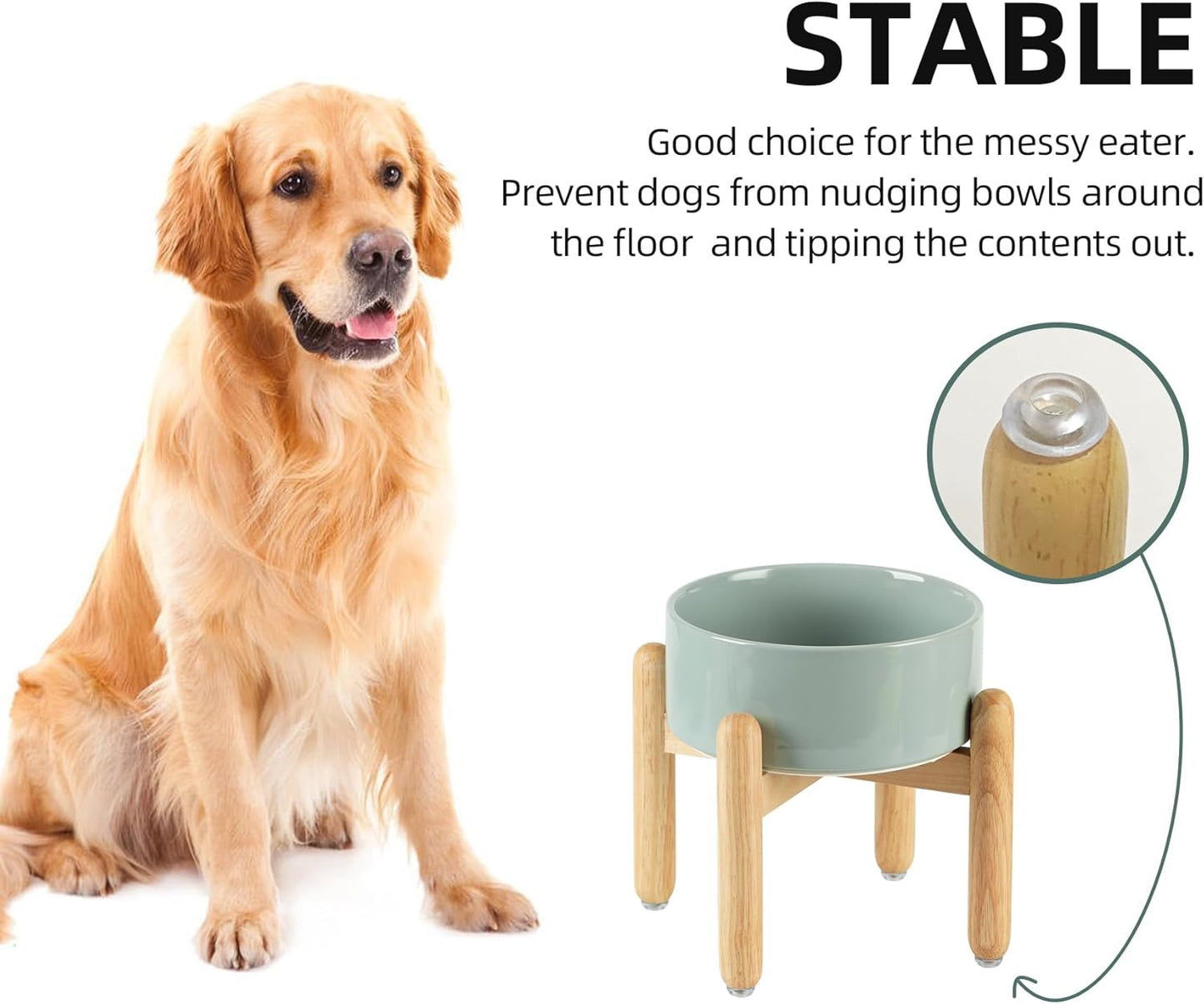 Ceramic 7.3inch Raised Dog Bowl Set, Elevated with Wooden Stand, Food and Water Bowl for Medium Breed Dogs, Weighted Dog Dishes, Pet Feeder(Light Green)