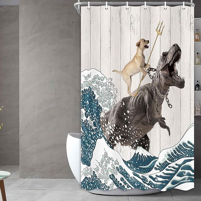 Boziqr Funny Dog Shower Curtain, Japanese Ocean Wave Dinosaur Rustic Barn Door Decor Fabric Bathroom Curtains Set, Cute Animal Kids Polyester Fabric Waterproof, 36 X 70 Inches