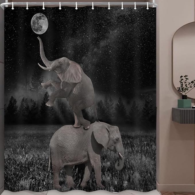 Boziqr Funny Shower Curtains for Bathroom, Cute Elephant Moon Forest Bath Curtain, Rustic Farmhouse Decor Polyester Fabric Fun Cool Animals Black 60 x 70 Inches