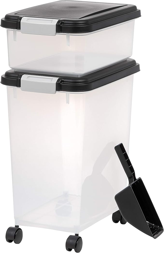 IRIS USA Dog Food Storage Container, 30 lbs & 11 lbs Combo, Cat Food Storage Container, Dog Treat Container, Airtight, Stackable, 2-Cup Scoop, Wheels, Easy Mobility, Black