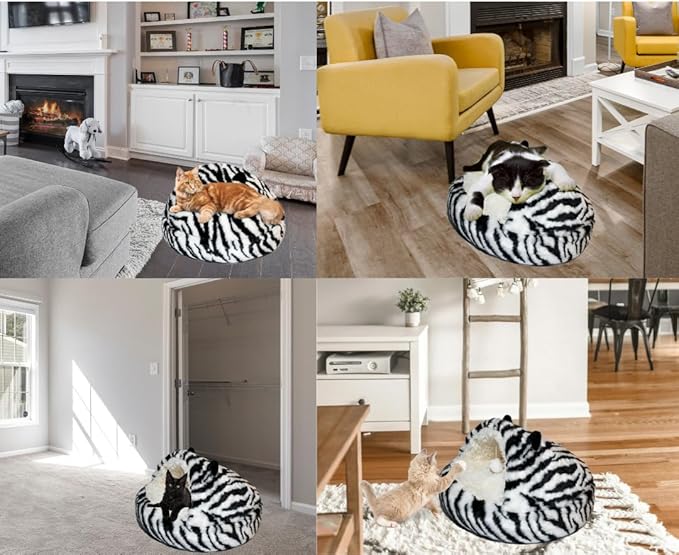 Hooded Plush Cat Bed Cave, Comfy for Indoor Cats, Calming Soft Faux Fur, Anti-Anxiety Plush Hooded Cat Cave with Fluffy Hanging Ball, Washable Anti-Slip, Playful Cat Bed(Black/White, M)