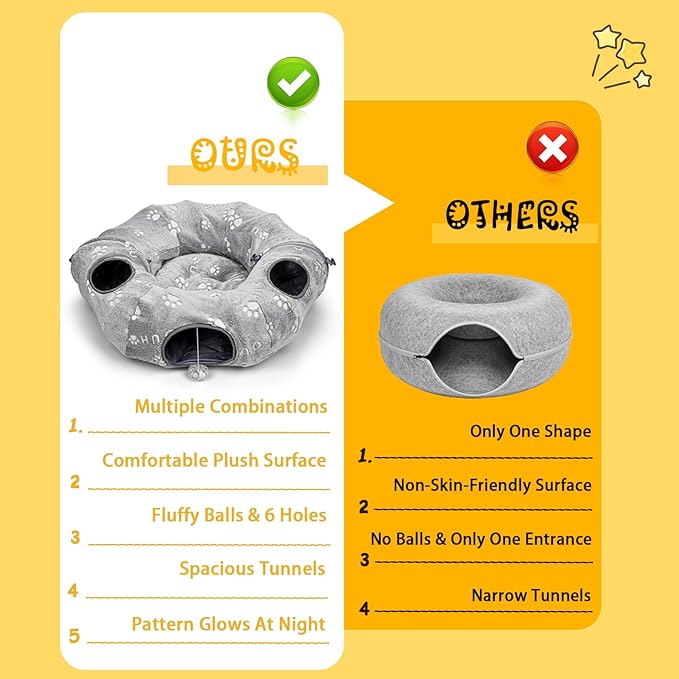 Lahas Cat Tunnels Bed for Indoor Cats - Donut Tubes Adjustable Shape, Washable Circle Cushion, Pet Play Balls and Holes, Self-Luminous Cat Toys