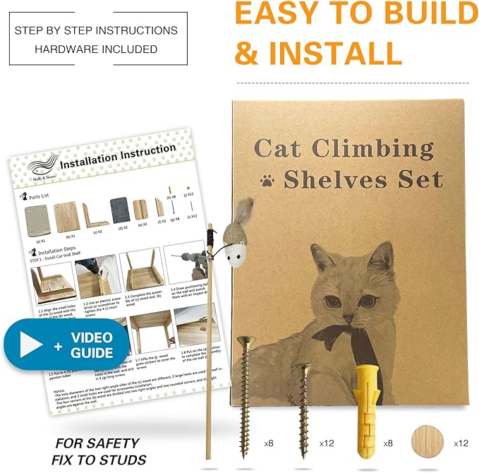 Molly & Nemo Cat Wall Hammock,Cat Wall Shelves with 2 Steps,Wood Cat Perch,Cat Wall Furniture ,Modern Cat Bed for Large Cats or Kitty