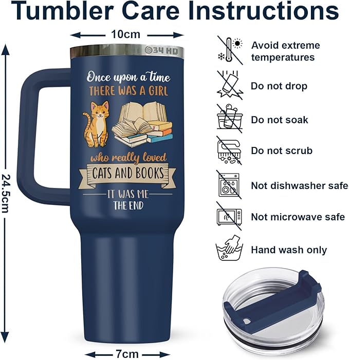 34HD Cat Coffee Tumbler with Handle & Straw, 40 oz Stainless Steel Vacuum Insulated Cat Book Travel Mug, Birthday Christmas Mothers Day Gifts for Pet Lovers Women Mom Librarian Her