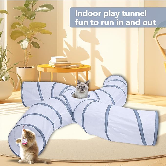 EGETOTA Cat Tunnel for Indoor Cats Large, with Play Ball S-Shape 4 Way Collapsible Interactive Peek Hole Pet Tube Toys, Puppy, Kitty, Kitten, Rabbit (S4 - White & Grey)