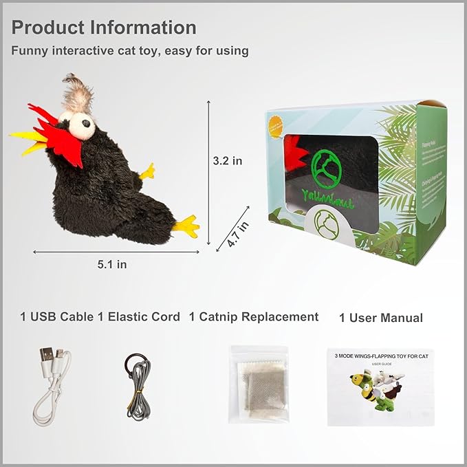 Interactive Flapping Bird Cat Toys, Rechargeable, Touch Activated, Catnip, Chirping Bird Toys for Indoor Cats and Kittens (Black Chicken)