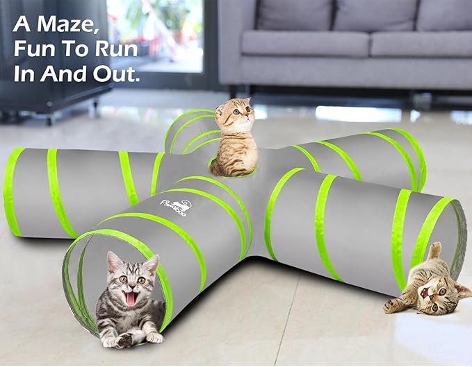 Pawaboo Cat Toys, Cat Tunnel Tube 5 Way Tunnels 25x53cm Extensible Collapsible Cat Play Tent Interactive Toy Maze Cat House with Balls and Bells for Cat Kitten Kitty Rabbit Small Animal, Grey+Green
