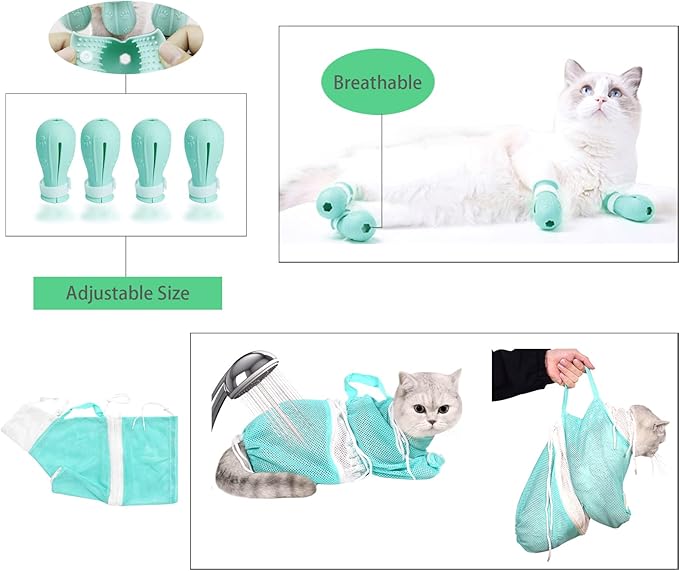 Anti-Scratch Silicone cat Shoes,Cat Claw Covers,Adjustable Multifunctional Anti-Bite Shower net Bag,Cat Grooming Mesh Bag, Pet Medical Shoes,Cat Bathing Bag (No.2)