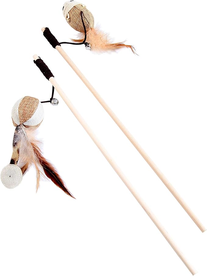 Cat Teaser Cat Kitten Toys Set Natural Sisal Wand Teasers with Mouse, Bell, Feather, Elastic String, and Sturdy Wood Rod