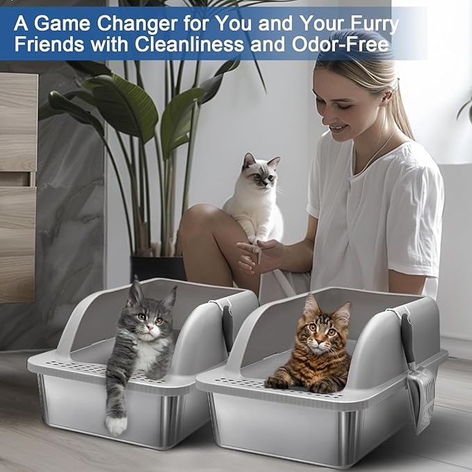 2 Pack Extra Large Stainless Steel Cat Litter Boxes, High Sides Metal Cat Litter Box for Multi-Cats Big Cats XL Metal Litter Pan Tray, Non-Sticky, Easy Cleaning(Gray)