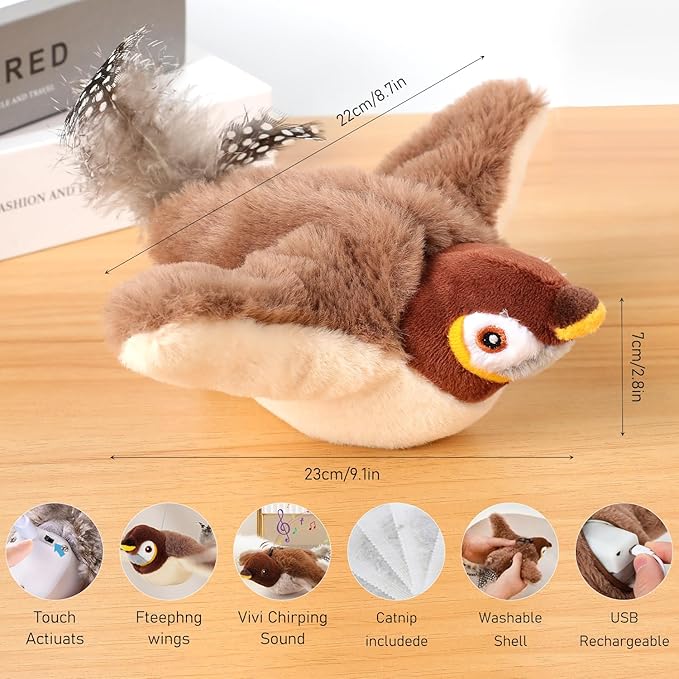 Simulated Chirping Bird Cat Toy,Flapping Chase Bird Cat Toy,Chirping Bird Cat Toy Flapping Wings,Flying Interactive Flapping Chirping Bird Cat Toy,Electric Sparrow Shaking Bird for Bored Indoor Cats