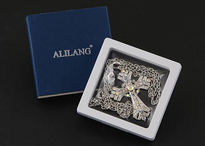 Alilang Silvery Tone Religious Cross Pendant Necklace w/Aquamarine Blue Or Clear Crystal Rhinestones