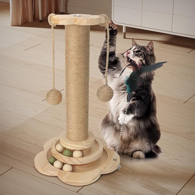 Cat Scratching Post Cat Toys for Indoor Cats 4 in 1 Wooden Ball Cardboard 2 Level with Cat Track Dangling Balls Cat Natural Sisal Scratching Bed Pad Cat Tree Feather Toy for Kittens Adult Cats