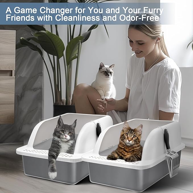 2 Pack Stainless Steel Cat Litter Box, XL Extra Large Cat Litter Box with Lid, Cat Litter Box High Sided, Easy to Clean, Enclosed Metal Cat Litter Pan for Multiple Cats(Grey Coated)