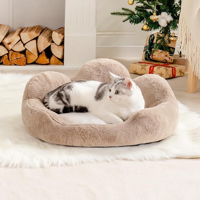 MEWOOFUN Cat Beds for Indoor Cats, Cozy Cute Cat Couch Bed Washable, Round Fluffy Small Dog Beds with Anti-Slip Bottom, Puppy Bed for Small Animals (Khaki, 23")