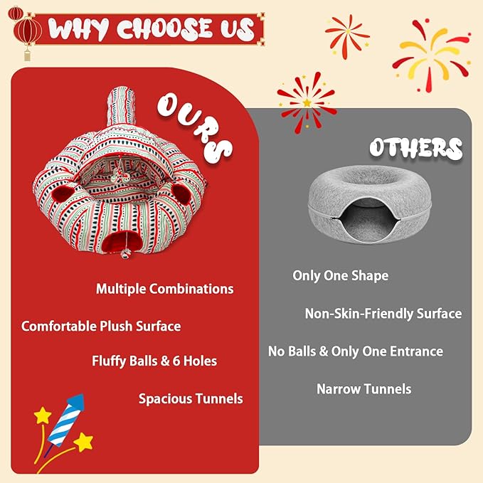 Cat Tunnels Bed for Indoor Cats-Donut Tubes, Adjustable Shape, Washable Circle Cushion, Pet Play Balls Toy and Holes, Red Atmosphere